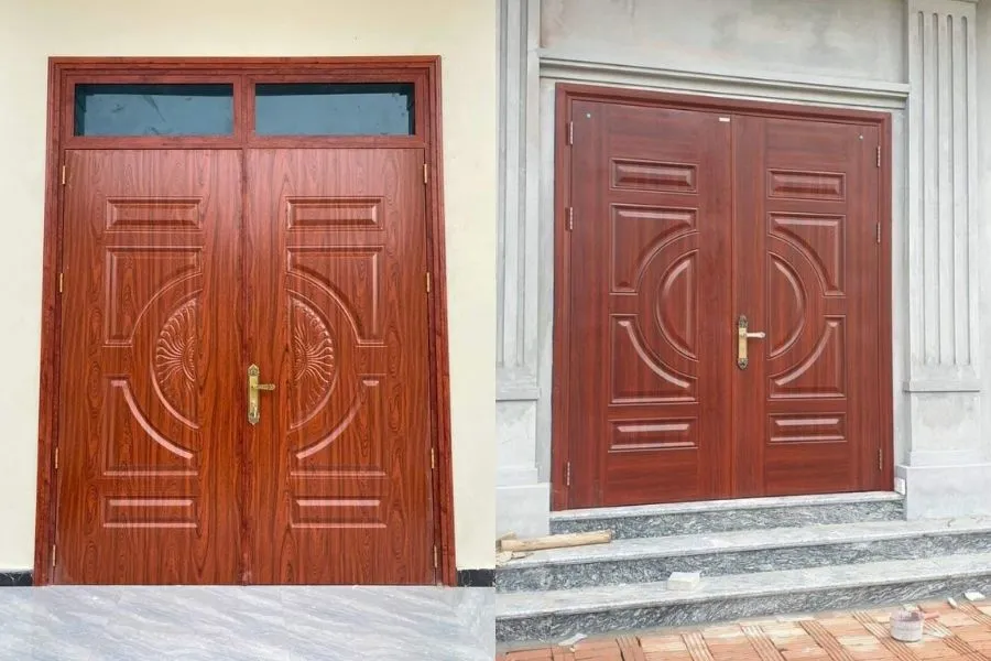 Mẫu cửa thép vân gỗ 2 cánh đều