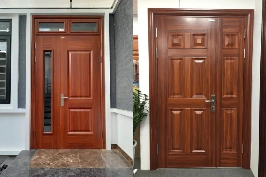 Mẫu cửa thép vân gỗ 2 cánh lệch
