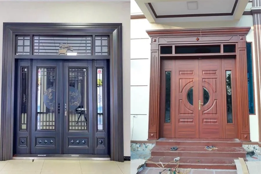 Mẫu cửa thép vân gỗ có ô thoáng kính
